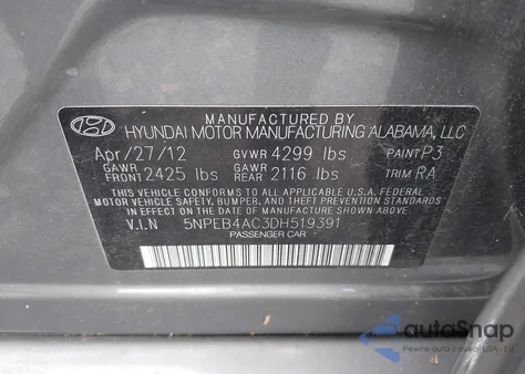 2013 Hyundai Sonata Gls z USA, uszkodzony, nr VIN 5NPEB4AC3DH519391